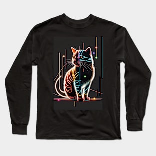 Cool Cat Portrait Neon Art Style Long Sleeve T-Shirt